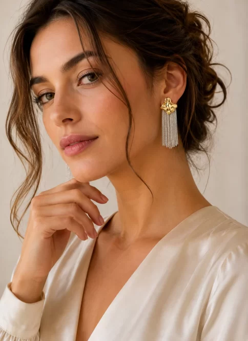 The Rain Whisper Earrings - flowing strands falling like quiet summer rain through the hidden paths of The Vago Botanic Garden Collection.