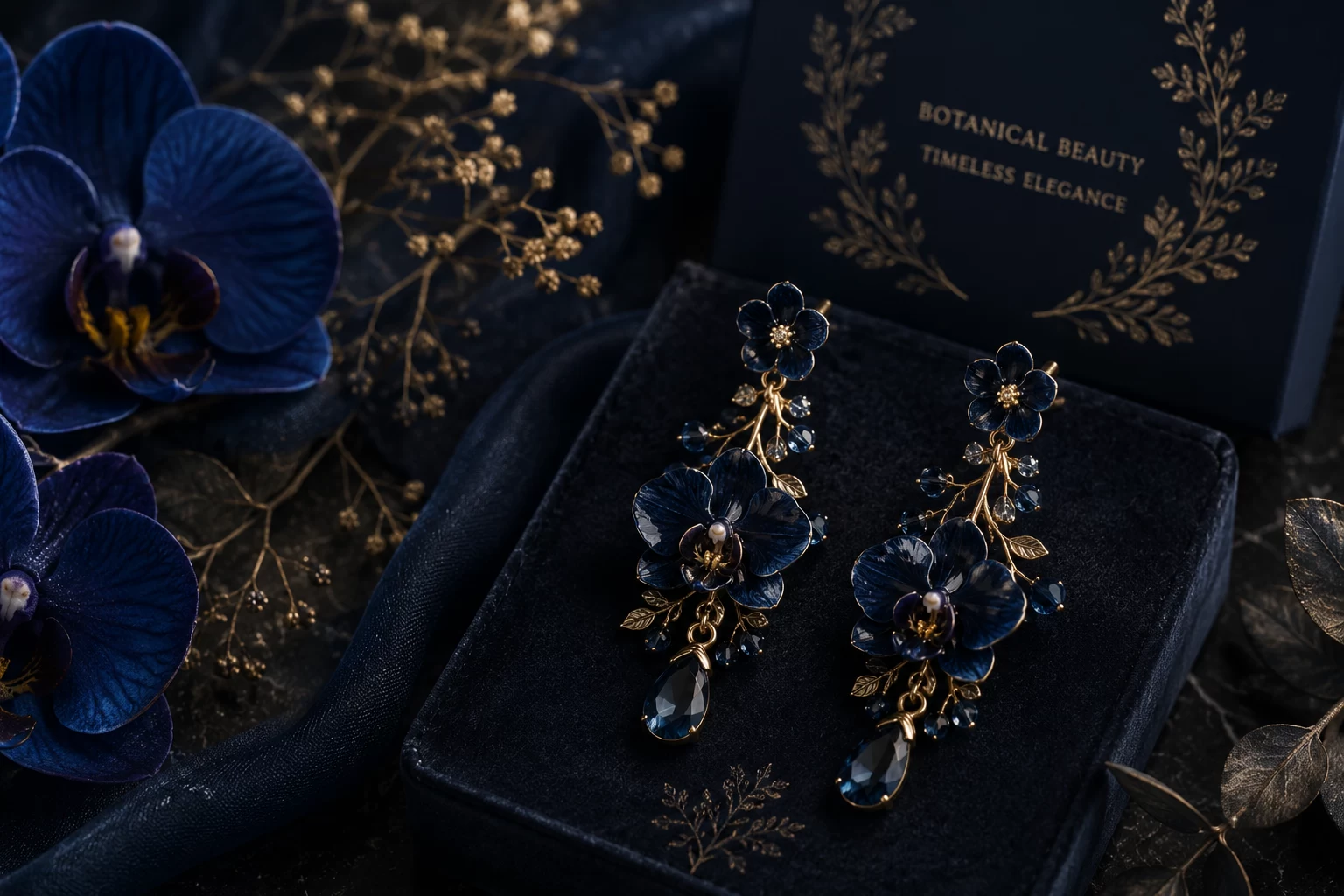 Dark Blue Orchid Earrings — Moody Floral Elegance