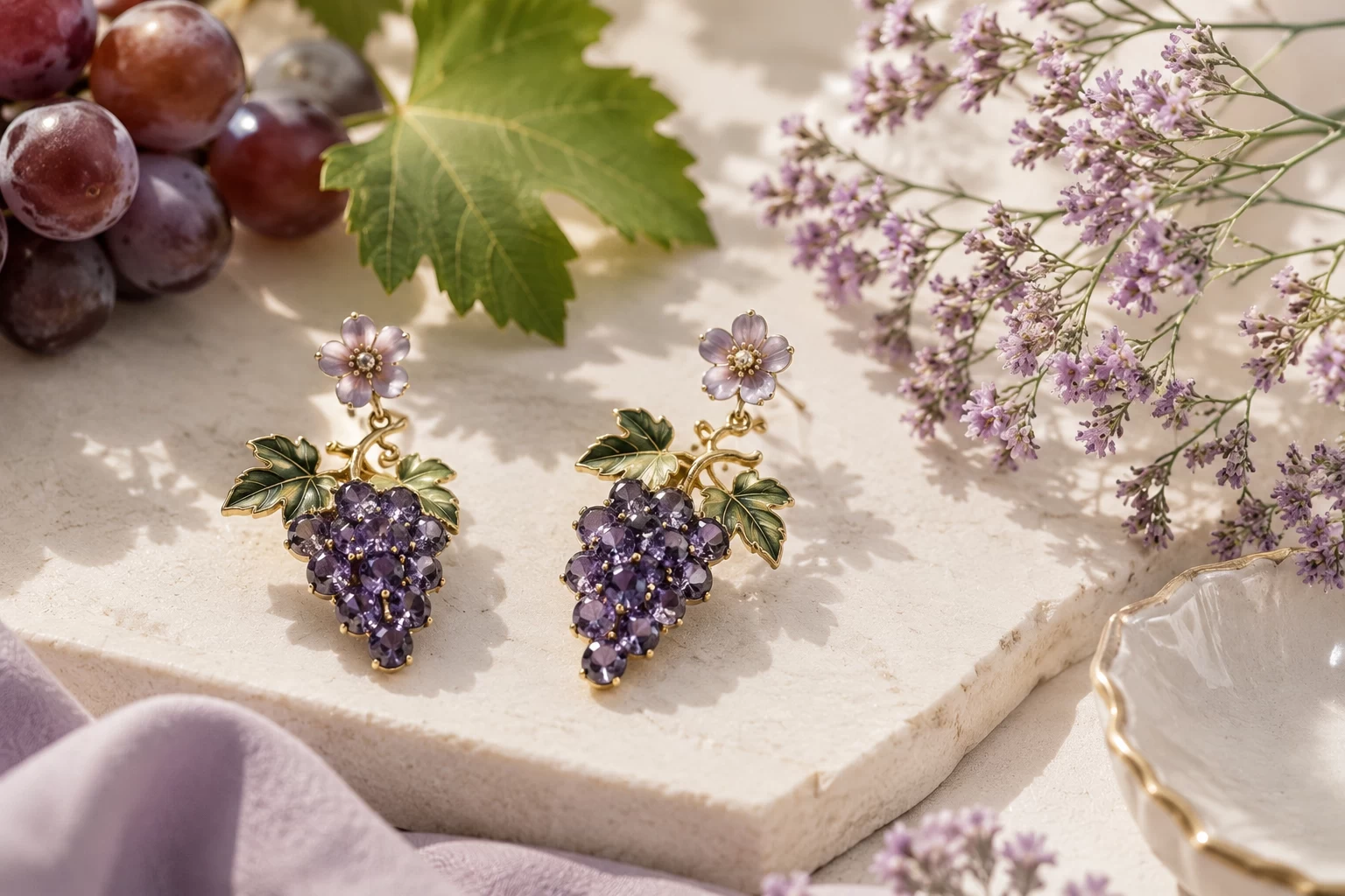 Grape Zircon Earrings — Purple Cluster Botanical Drops